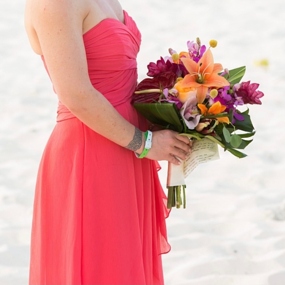David's Bridal Coral Strapless bridesmaid dress